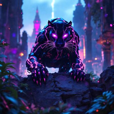 Primary subject: A purple and black panther.
Setting/background: A purple and black panther sitting on a rock.
Visual style: Digital art.
Colors and mood: The image is predominantly purple and black, creating a dark and mysterious atmosphere.